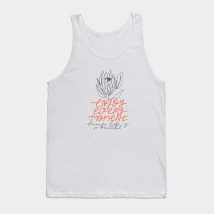 One line protea flower. Typography slogan "Enjoy every moment because life is so beautiful". Continuous line print. Tank Top